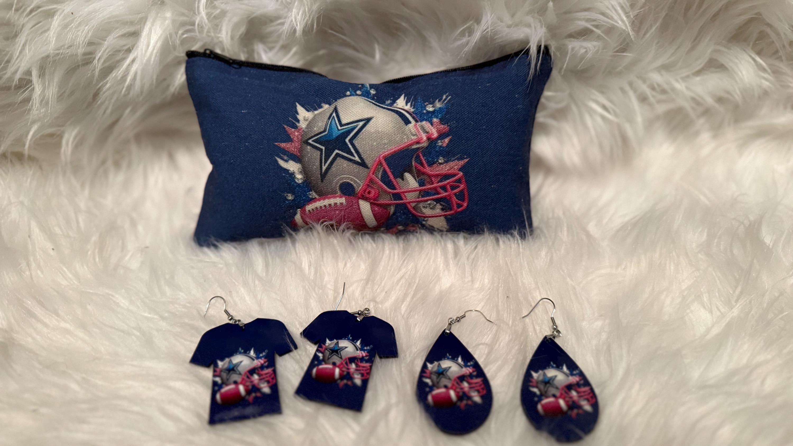 Cowboys Makeup Pouch and Earrings 3pc Set