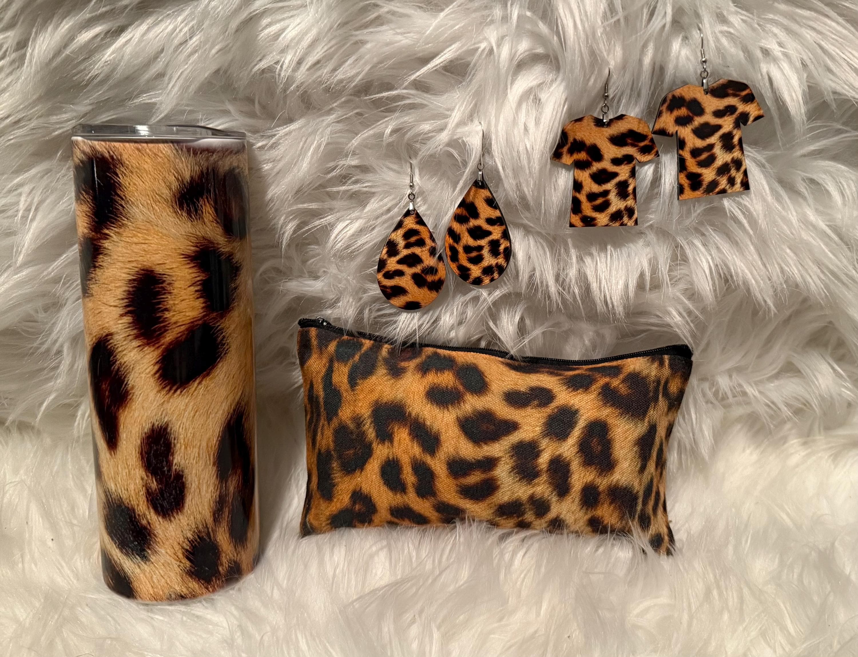 Cheetah Print  Tumbler , Earrings and Makeup Pouch. 4pc Set
