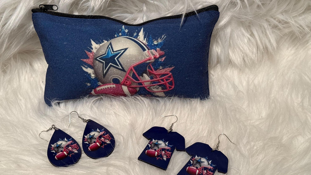 Cowboys Makeup Pouch and Earrings 3pc Set
