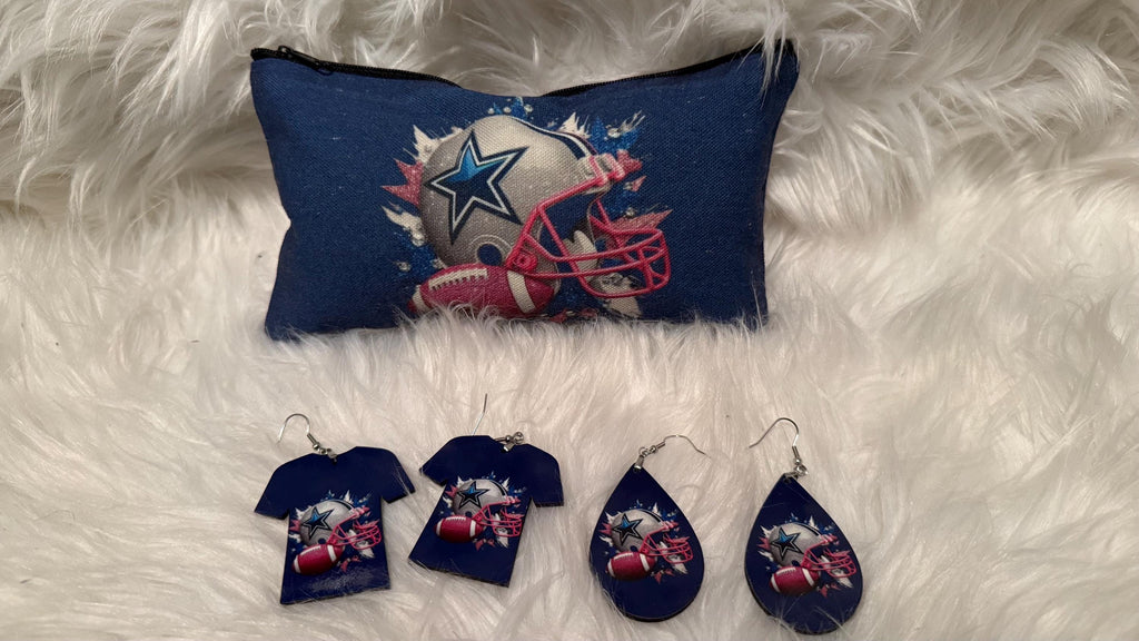 Cowboys Makeup Pouch and Earrings 3pc Set