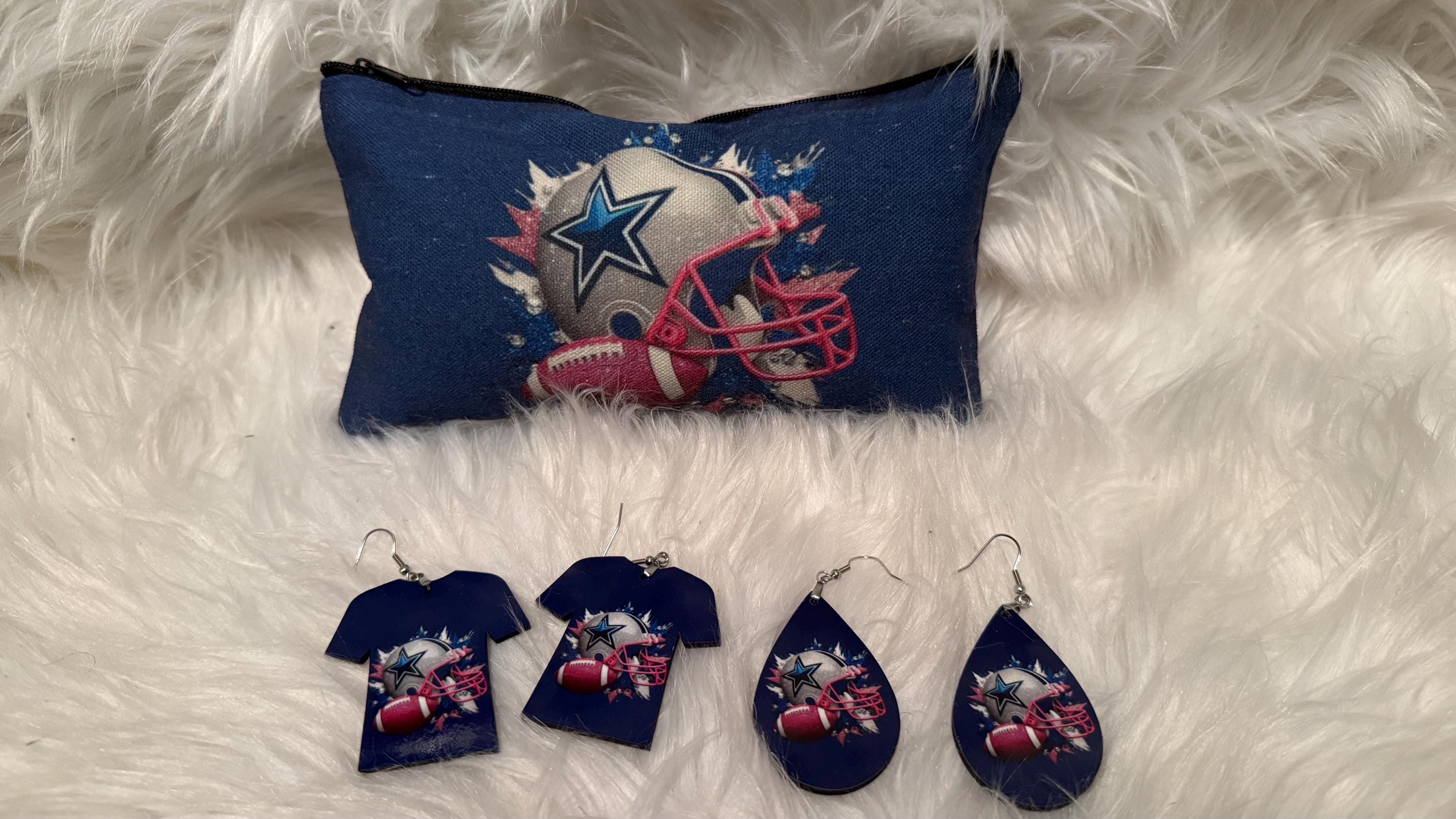 Cowboys Makeup Pouch and Earrings 3pc Set