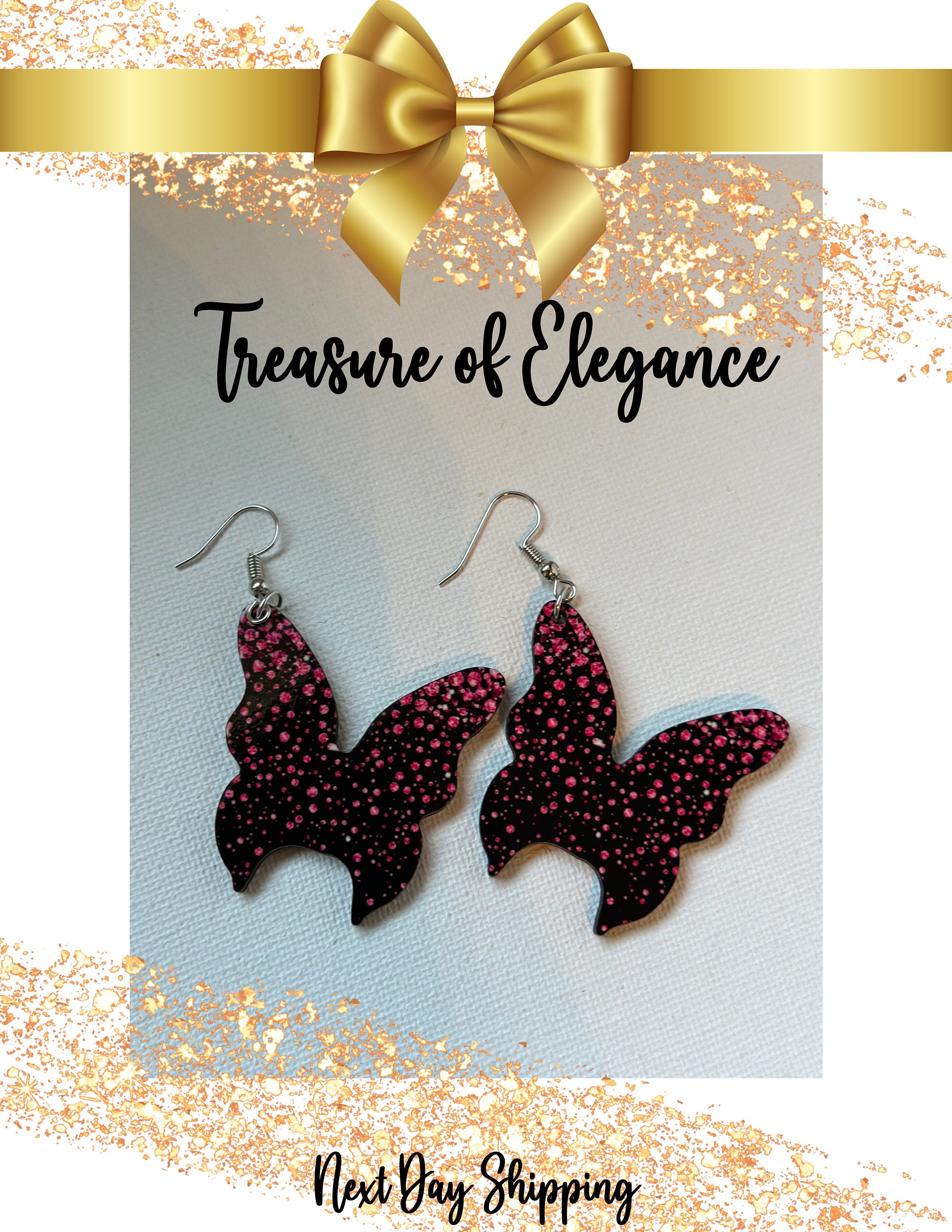 Pink , Black and  Silver Diamond  Butterfly Shaped Earrings