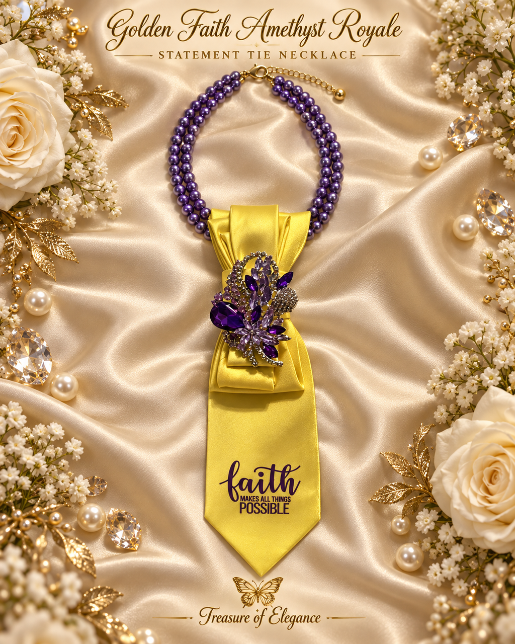Golden Faith Amethyst Royale Statement Tie Necklace
