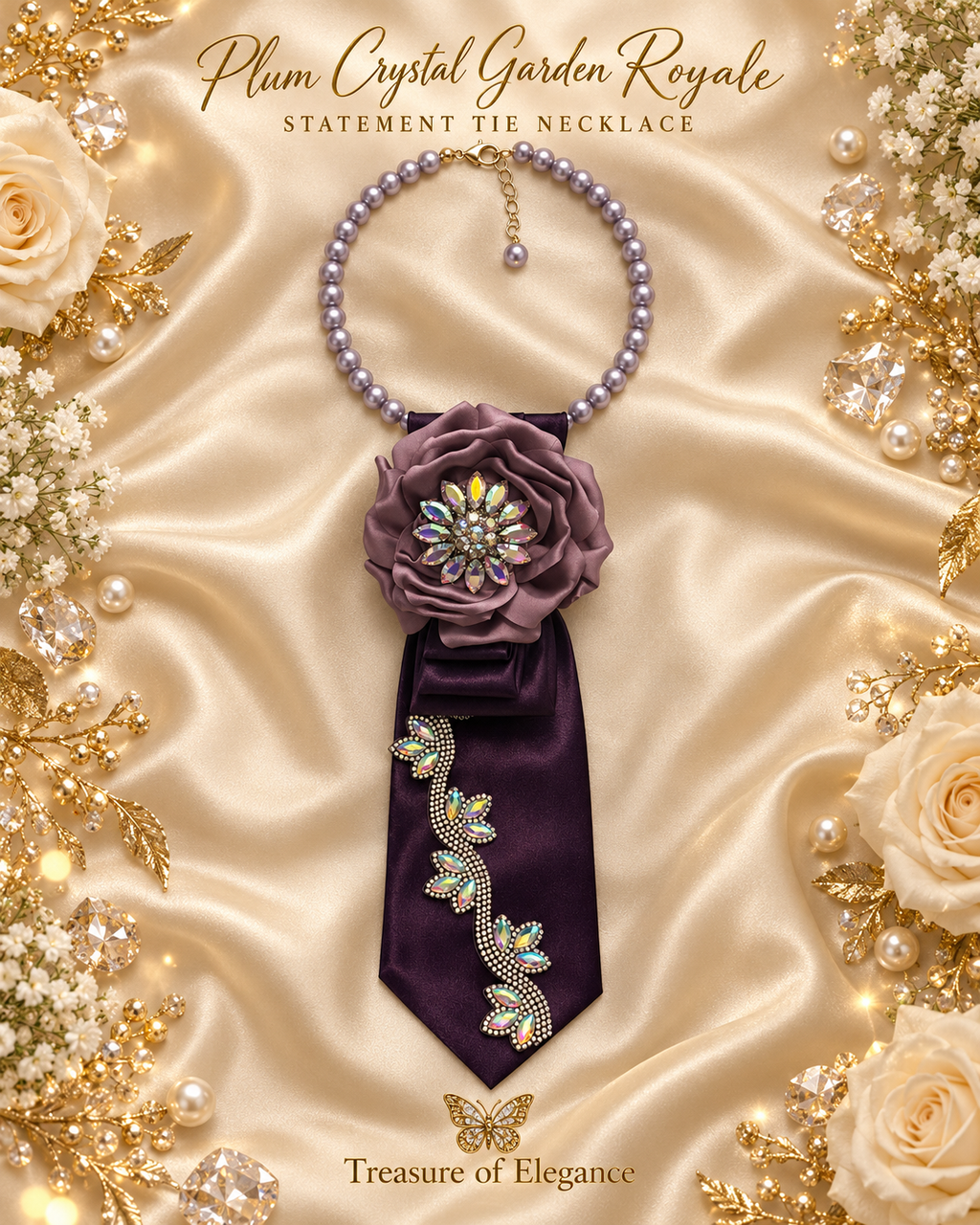Plum Crystal Garden Royale Statement Tie Necklace