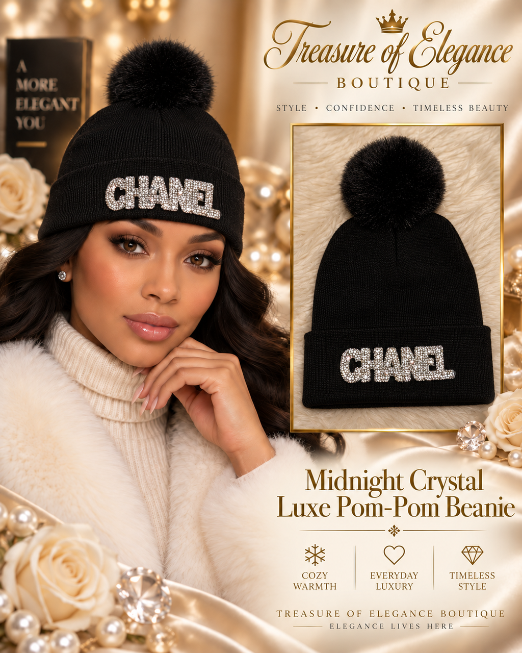 Midnight Crystal Luxe Pom-Pom Beanie