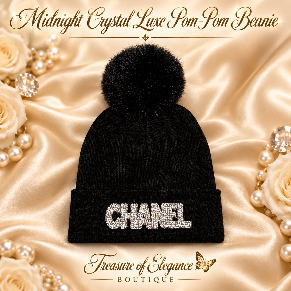 Midnight Crystal Luxe Pom-Pom Beanie