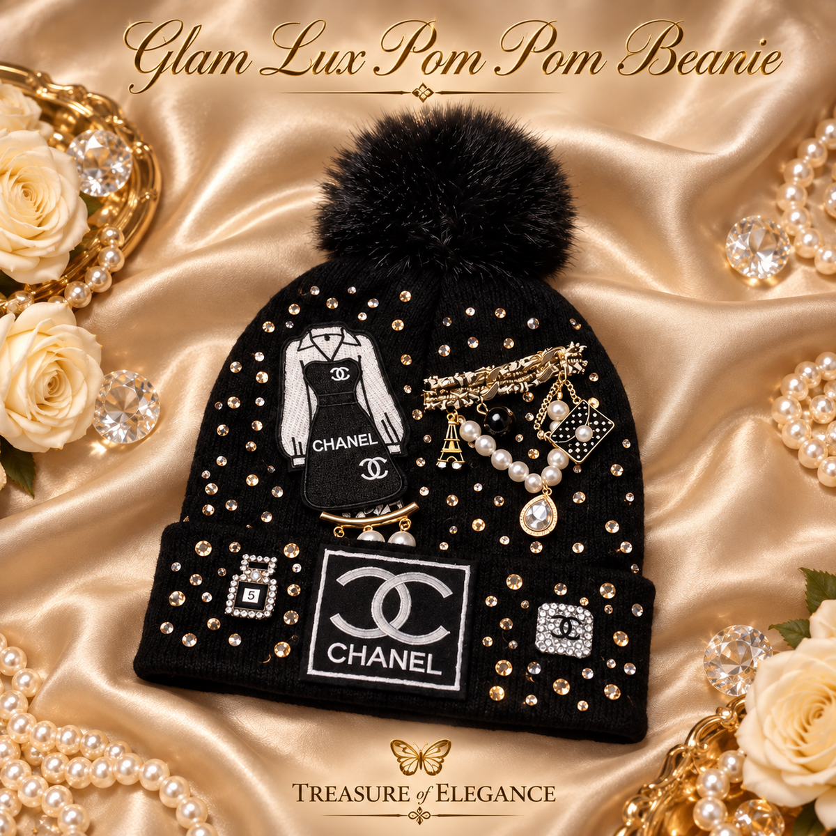 Glam Luxe Rhinestone Pom Beanie – Black Sparkle Edition