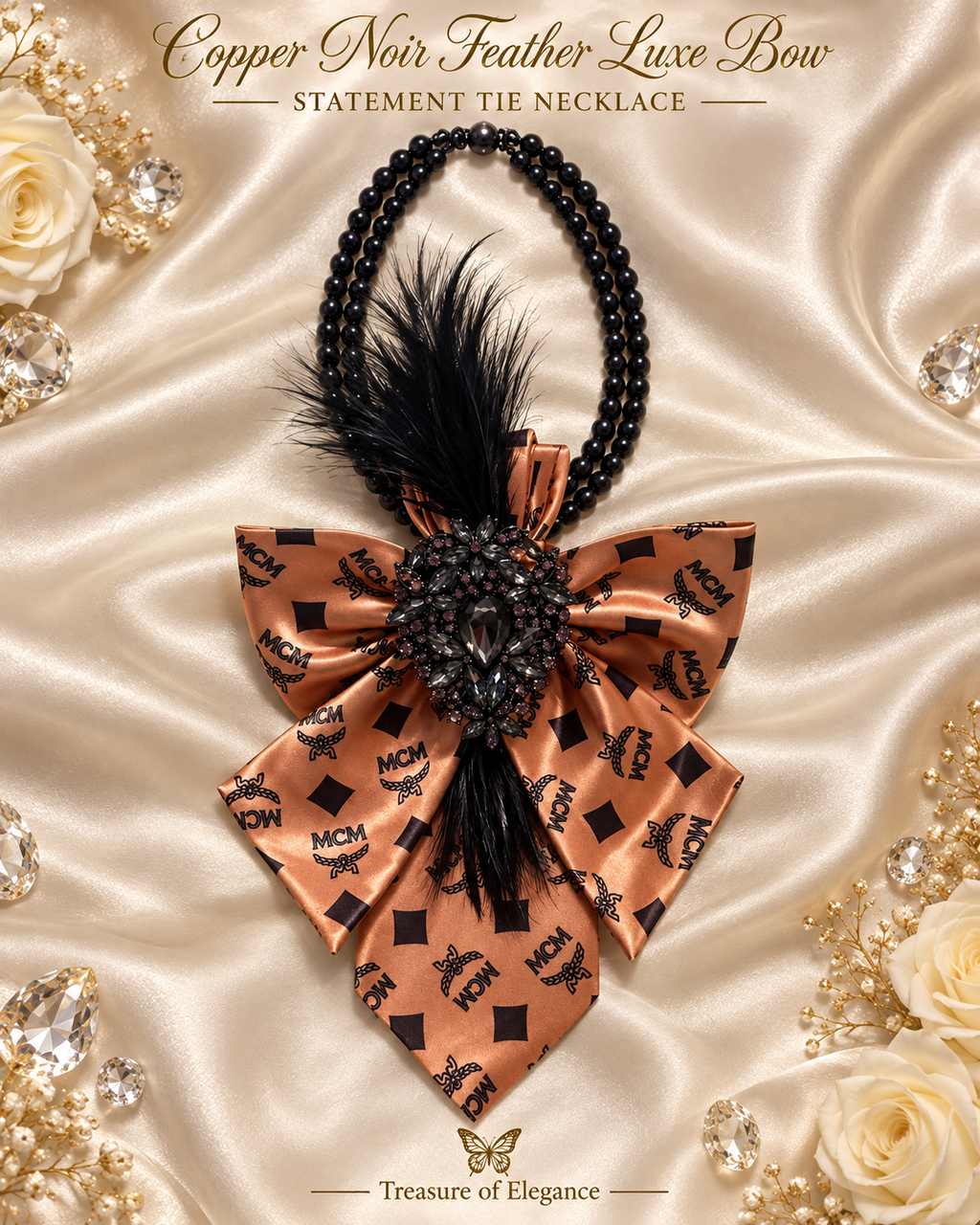 Copper Noir Feather Luxe Bow Statement Tie Necklace