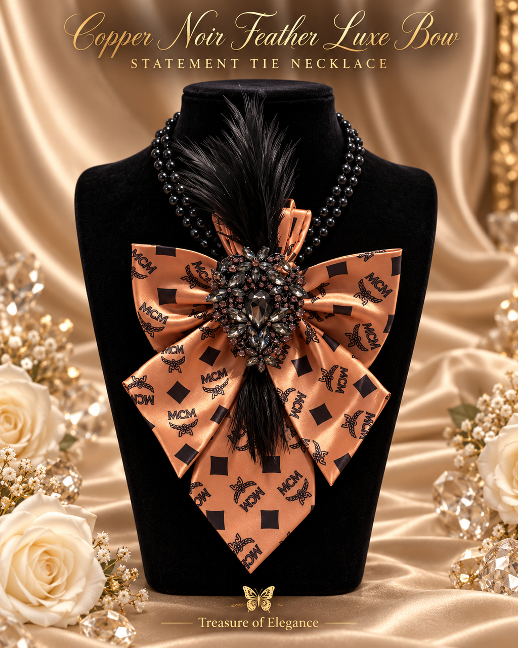 Copper Noir Feather Luxe Bow Statement Tie Necklace