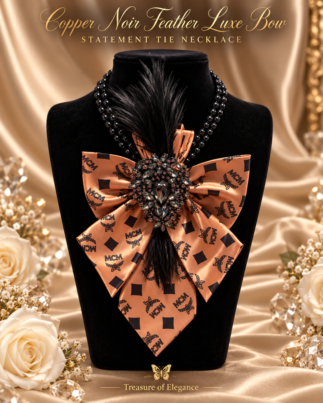 Copper Noir Feather Luxe Bow Statement Tie Necklace