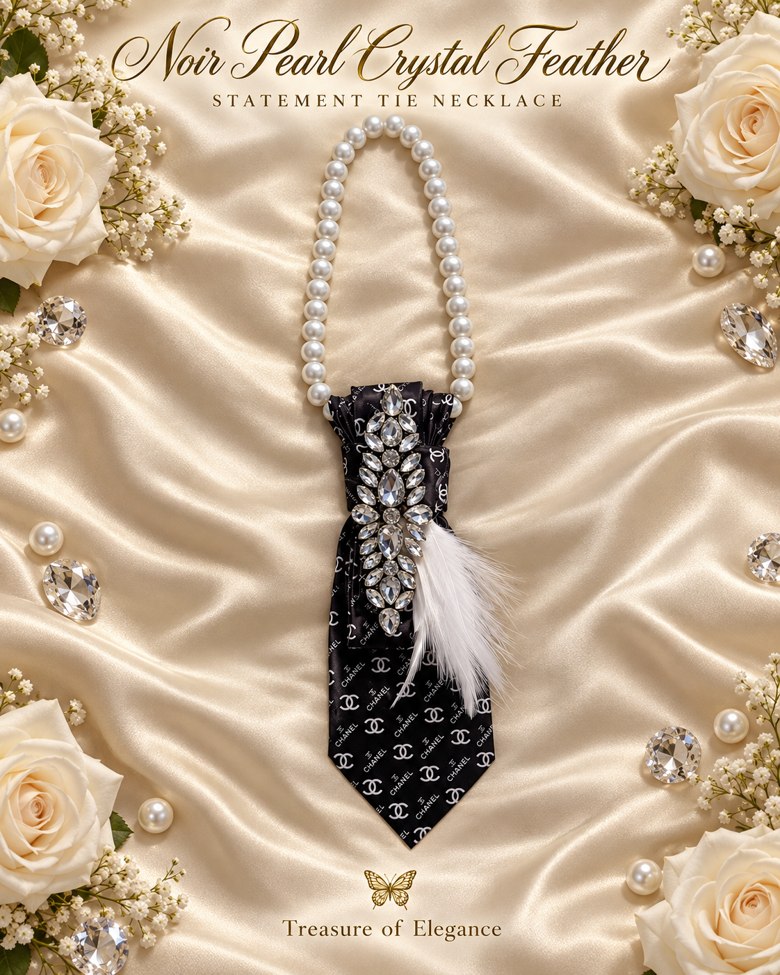 Noir Pearl Crystal Feather Statement Tie Necklace