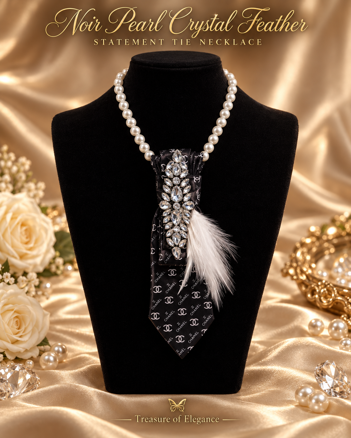 Noir Pearl Crystal Feather Statement Tie Necklace