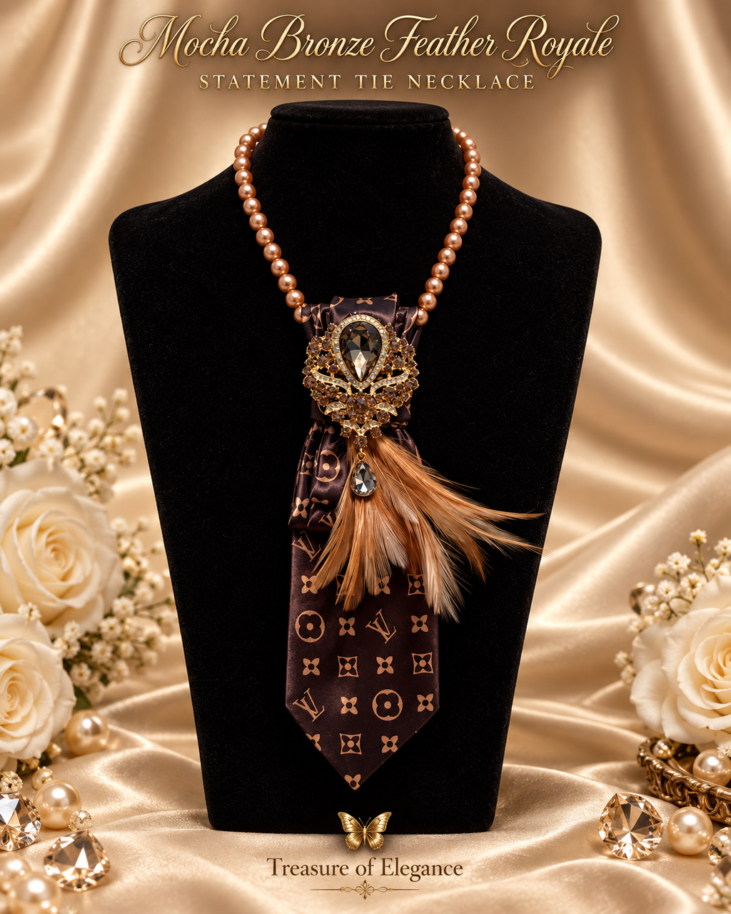 Mocha Bronze Feather Royale Statement Tie Necklace