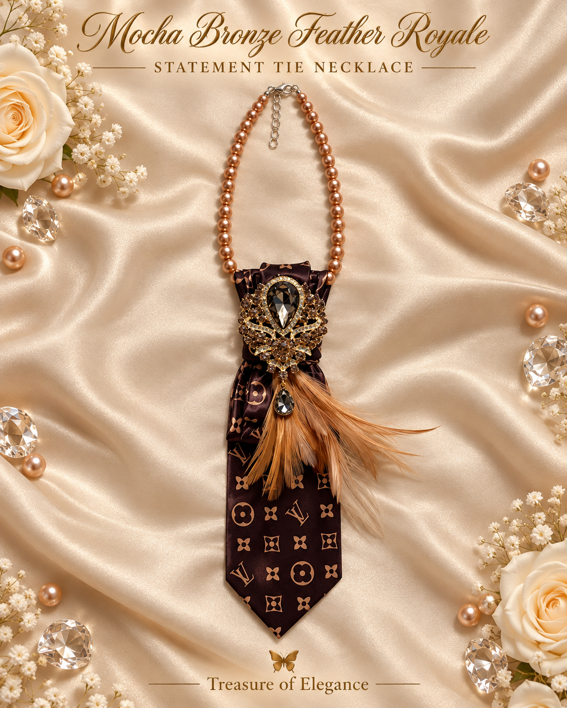 Mocha Bronze Feather Royale Statement Tie Necklace