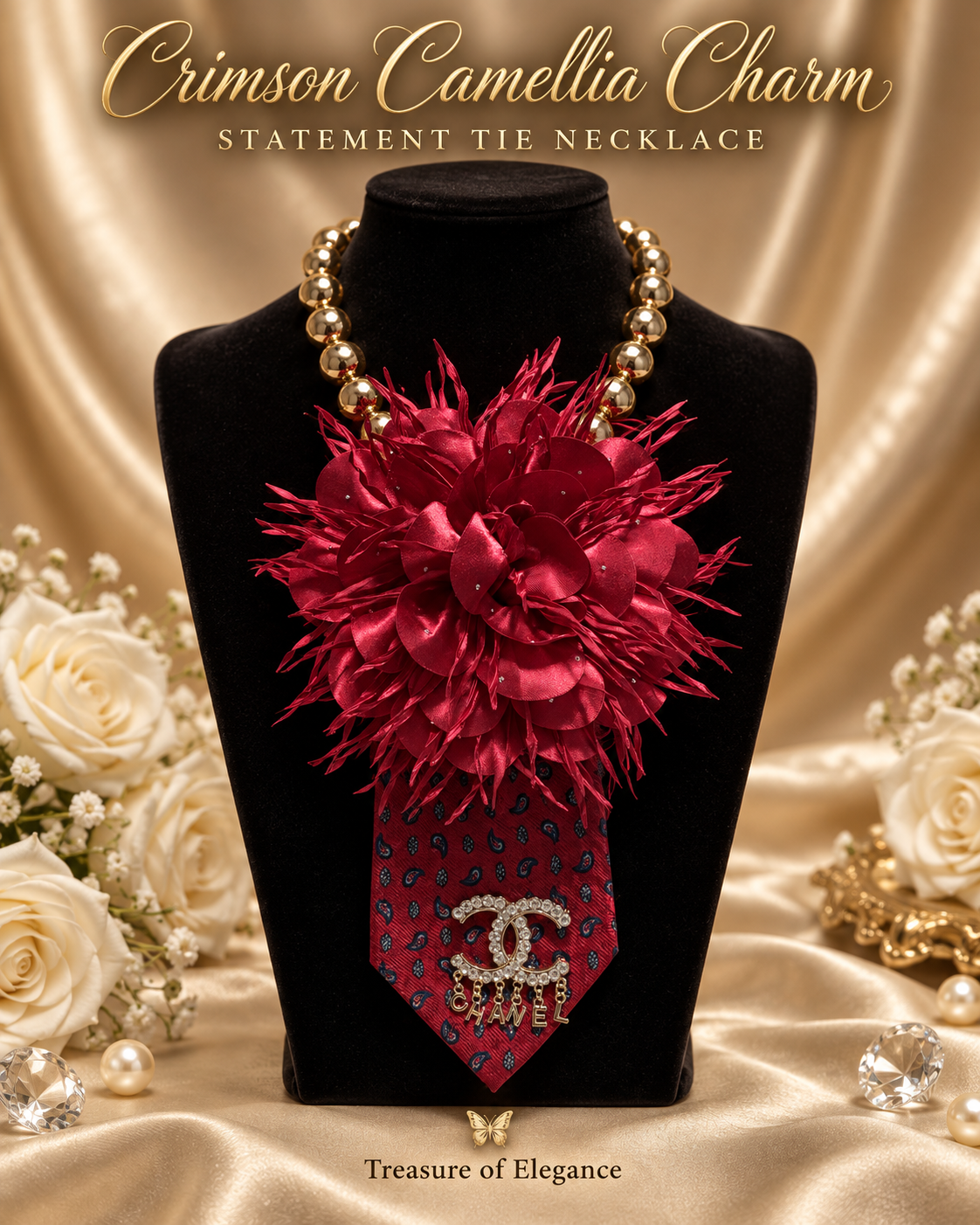 Crimson Camellia Charm Statement Tie Necklace