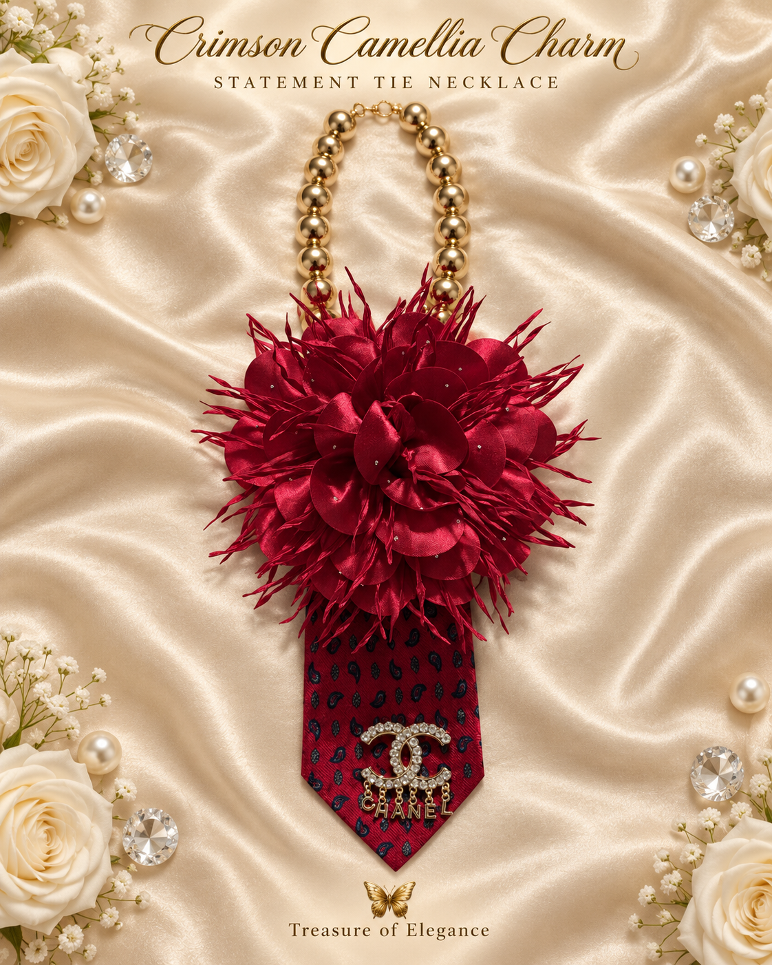 Crimson Camellia Charm Statement Tie Necklace