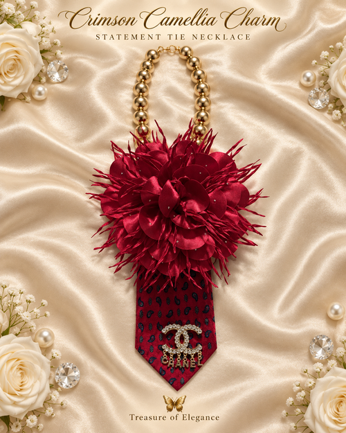 Crimson Camellia Charm Statement Tie Necklace