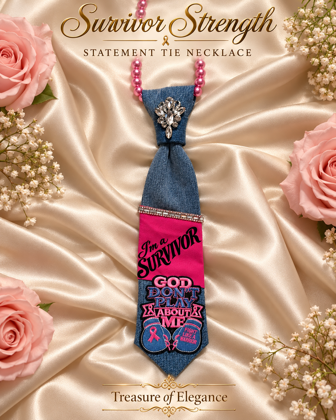 Survivor Strength Denim Glam Statement Necklace