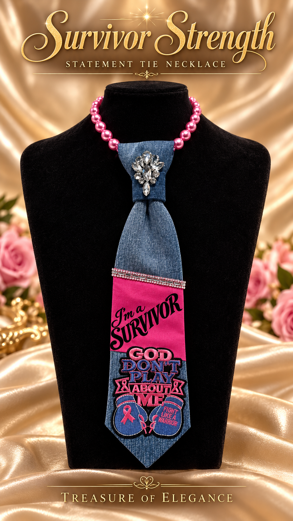 Survivor Strength Denim Glam Statement Necklace