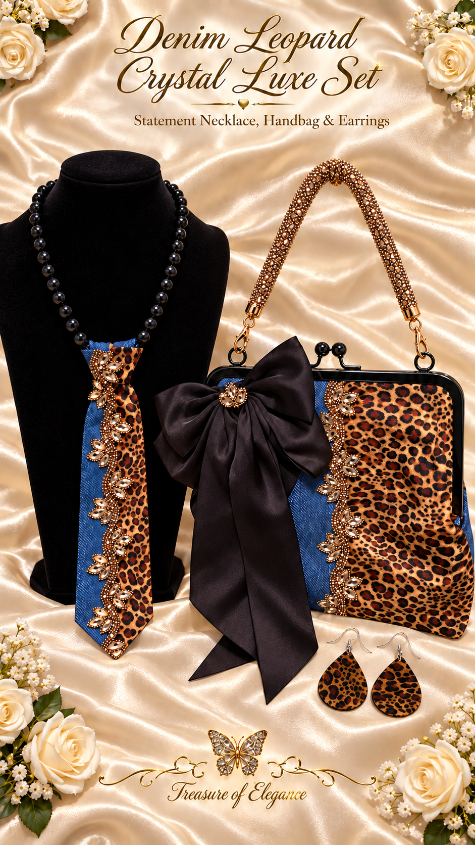 Denim Leopard Crystal Luxe Set — Necklace, Handbag & Earrings