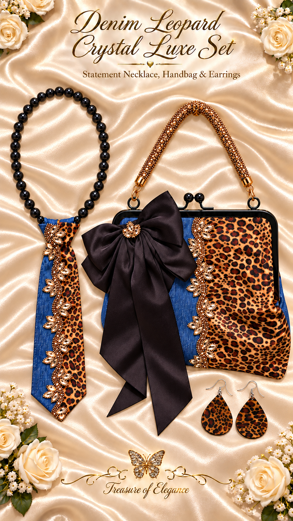 Denim Leopard Crystal Luxe Set — Necklace, Handbag & Earrings
