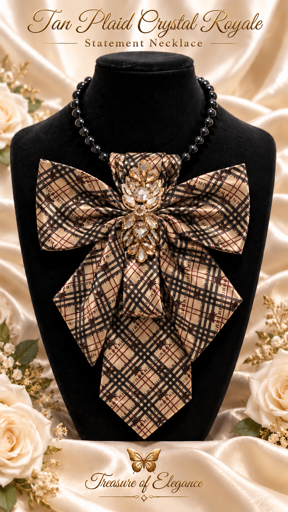 Tan Plaid Crystal Royale Statement Necklace