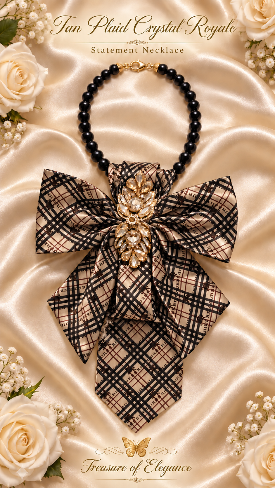 Tan Plaid Crystal Royale Statement Necklace