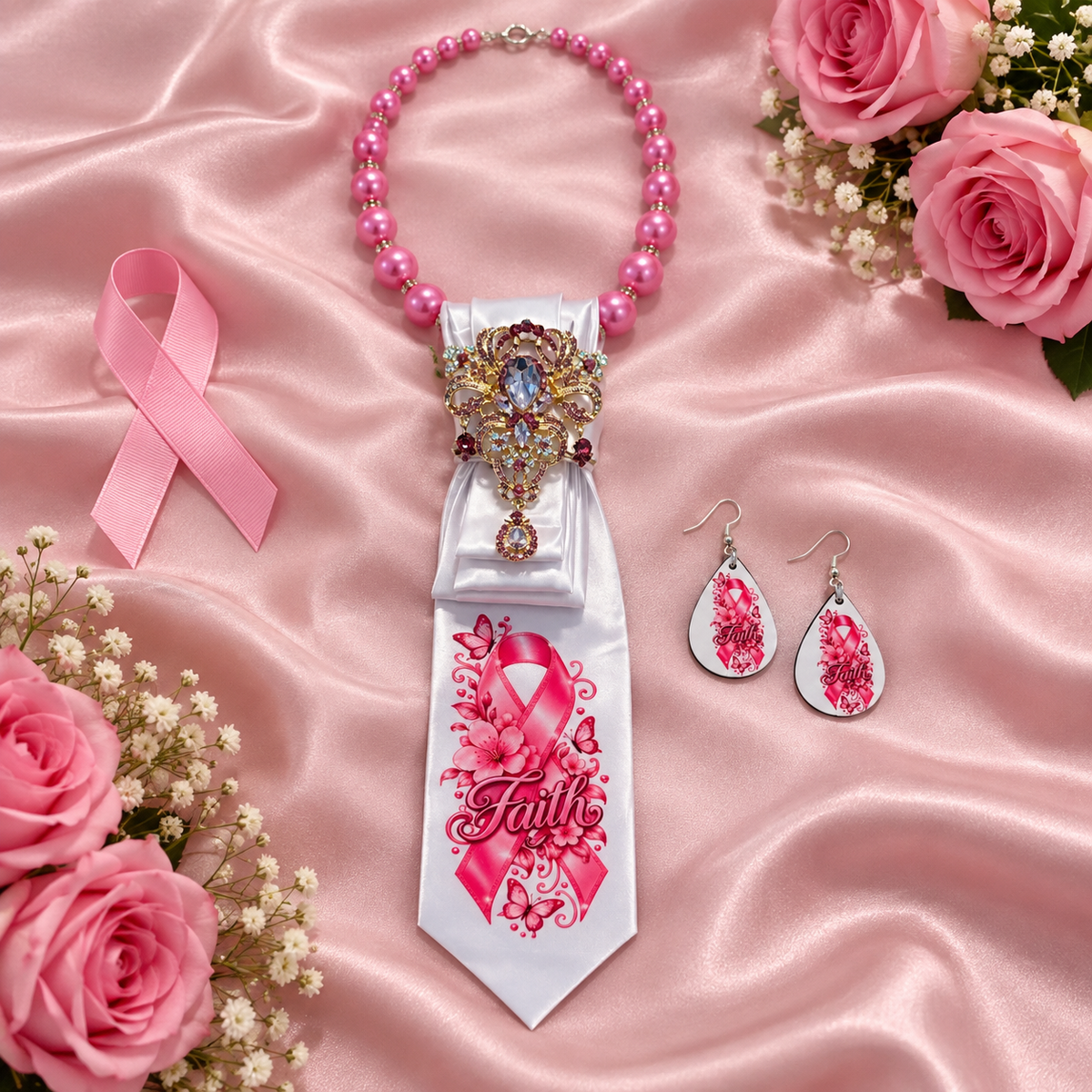 Faith in Bloom Breast Cancer Awareness Necklace & Earrings