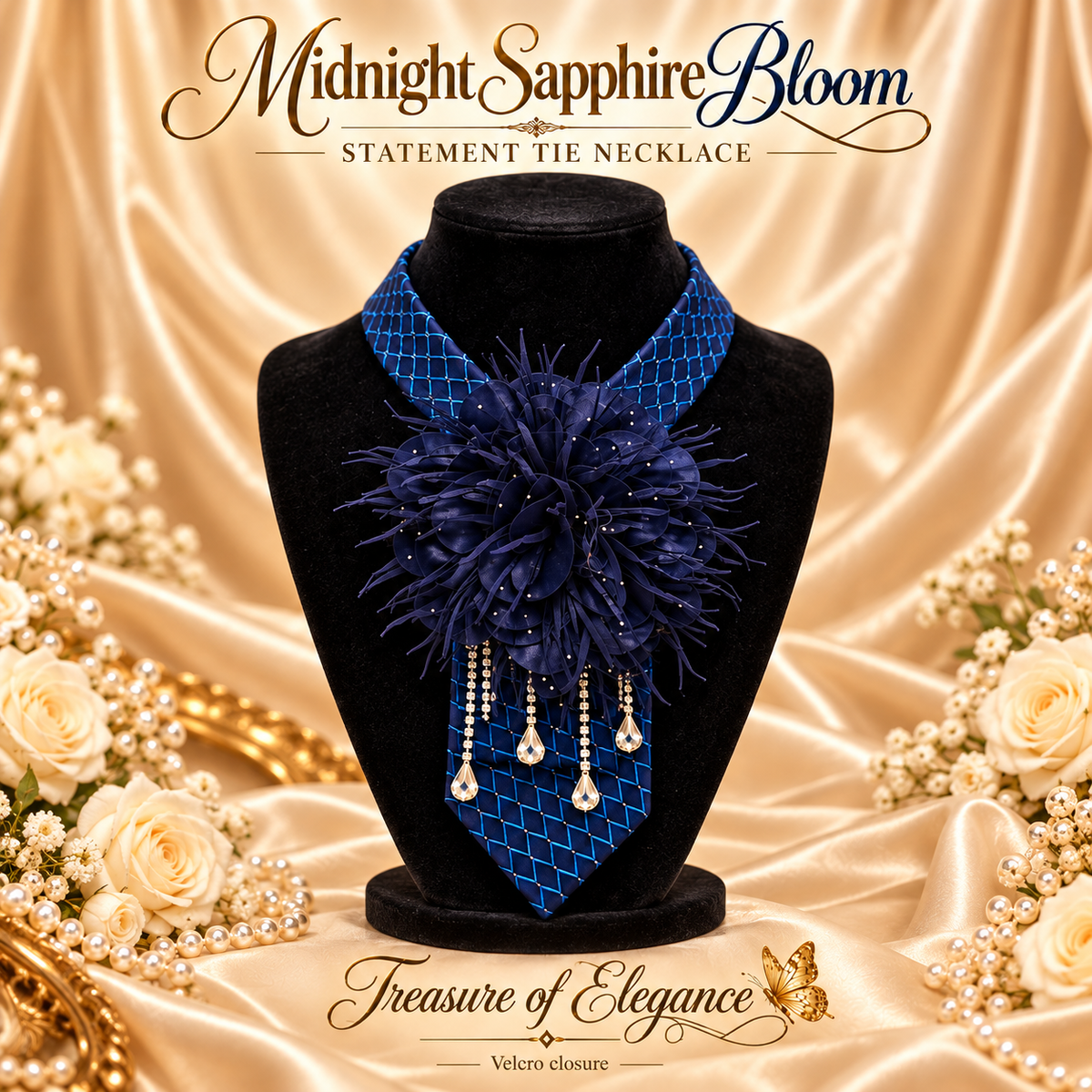 Midnight Sapphire Bloom Statement Tie Necklace