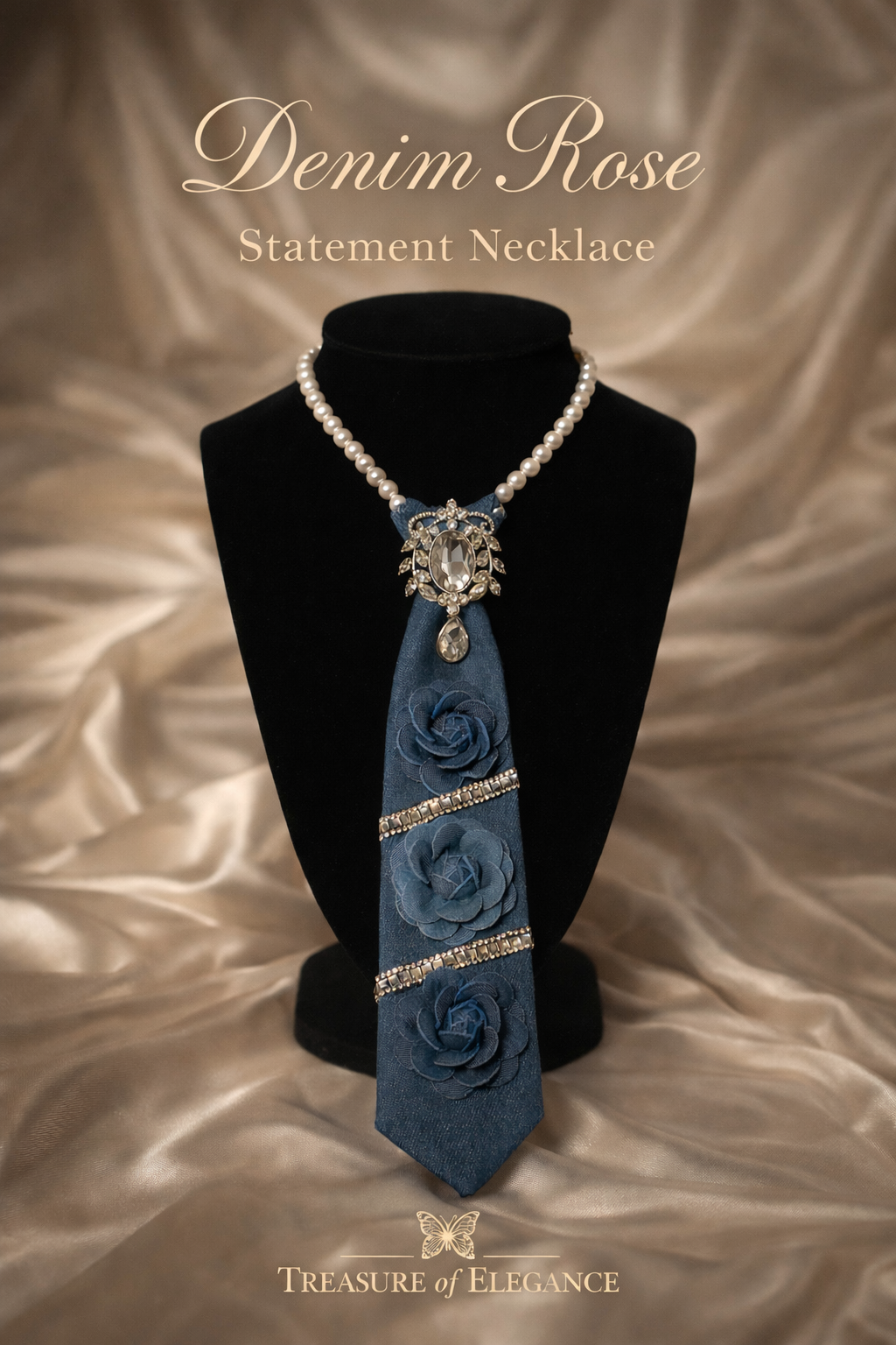 💎 Denim Rose Statement Tie Necklace