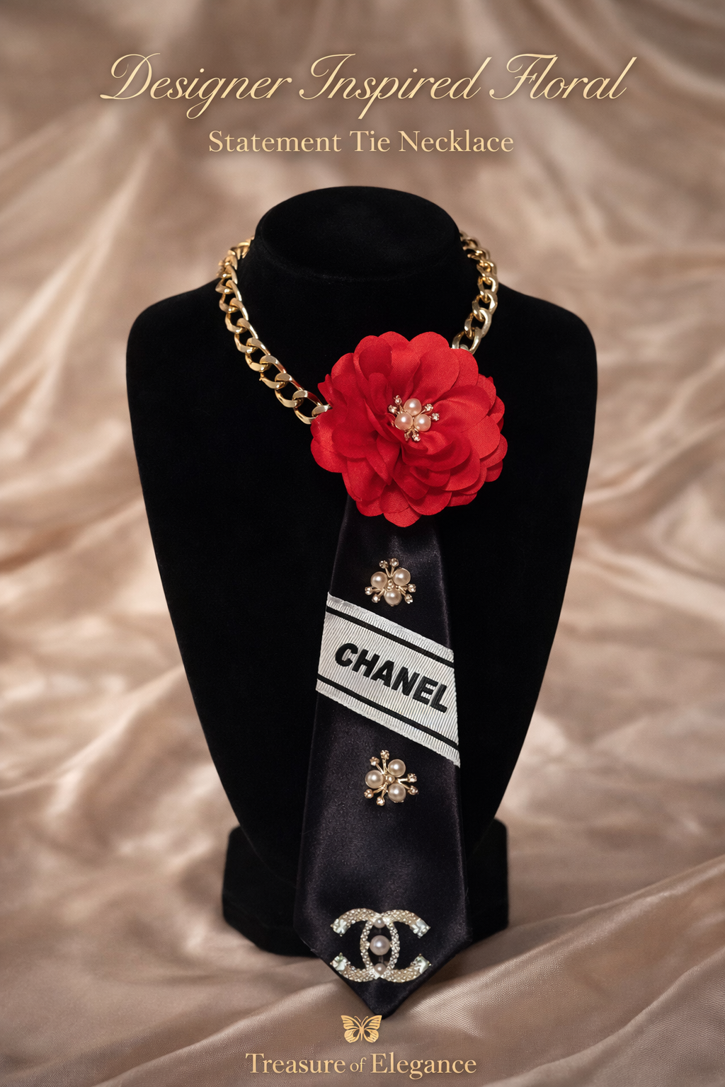 💎 Floral Statement Tie Necklace — Crystal & Pearl Elegance