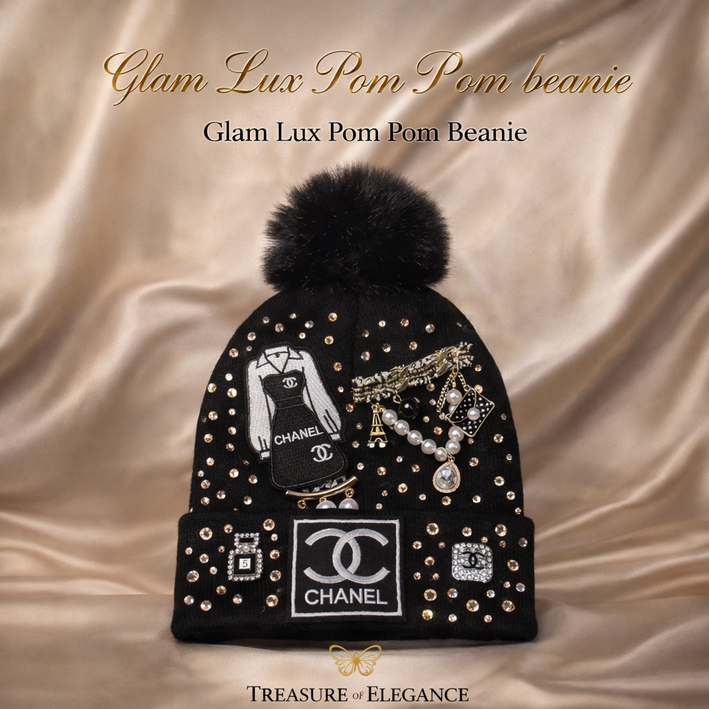 Glam Luxe Rhinestone Pom Beanie – Black Sparkle Edition