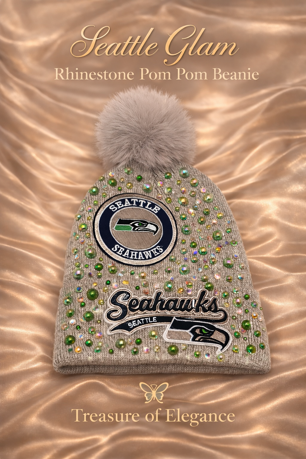 💚 Seattle Glam Rhinestone Pom Beanie 💚