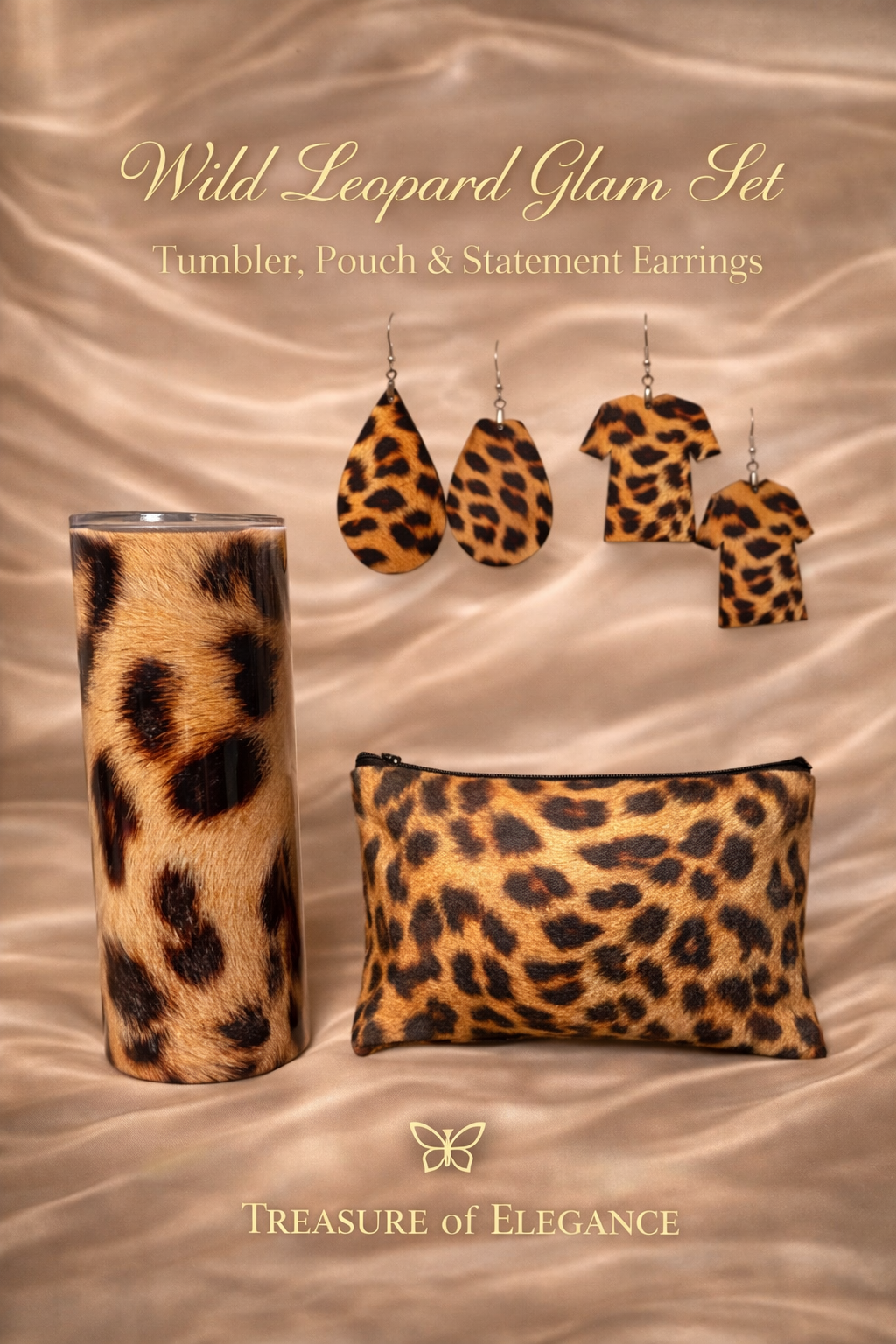 Cheetah Print  Tumbler , Earrings and Makeup Pouch. 4pc Set