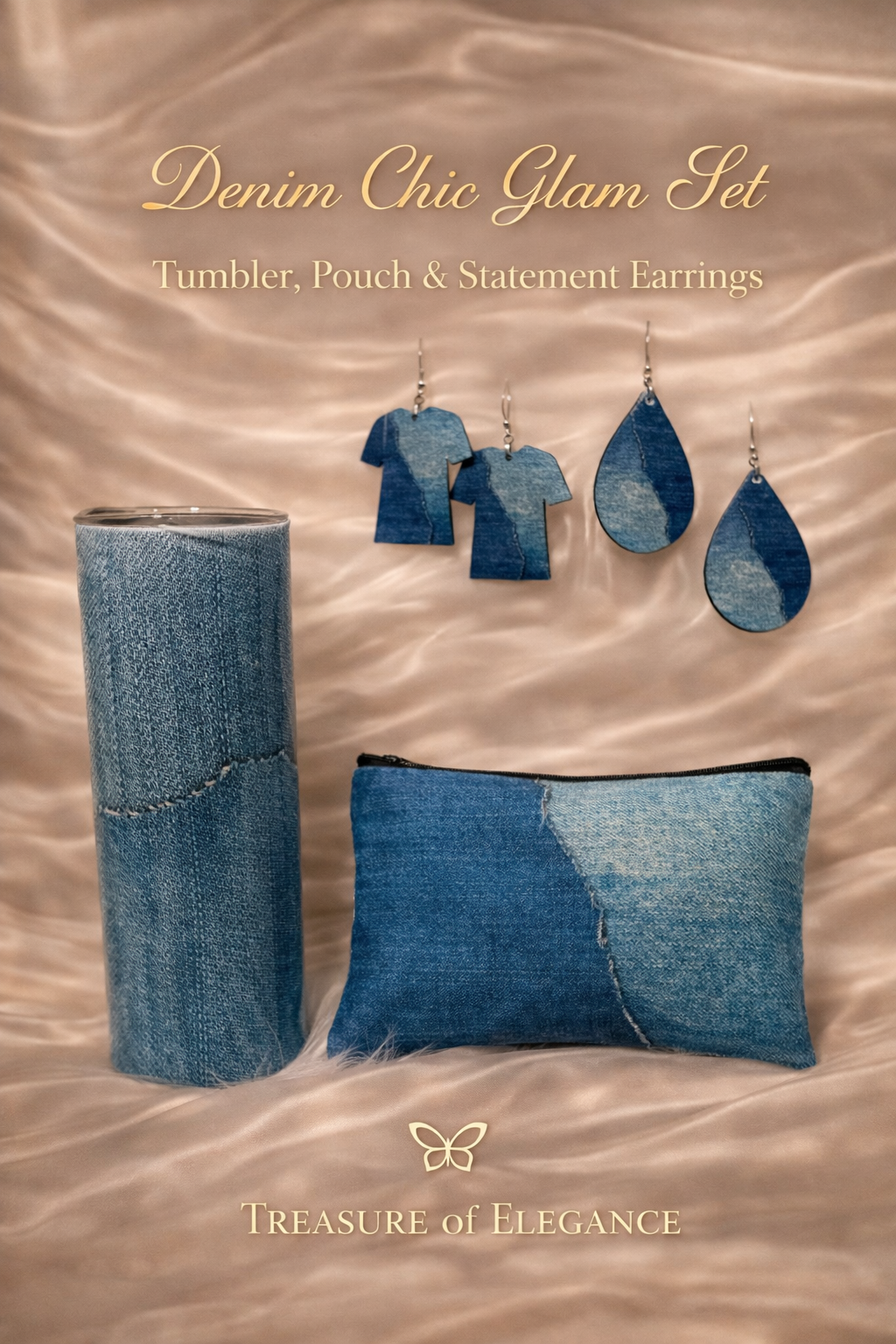 Denim Tumbler , Earrings and Makeup Pouch. 4pc Set