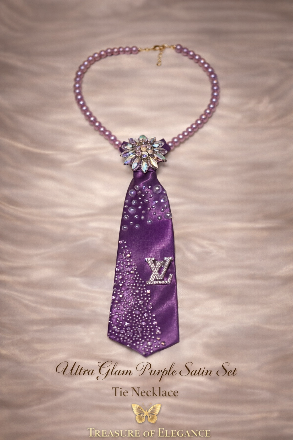 Ultra-Glam Purple Satin Crystal Tie Necklace