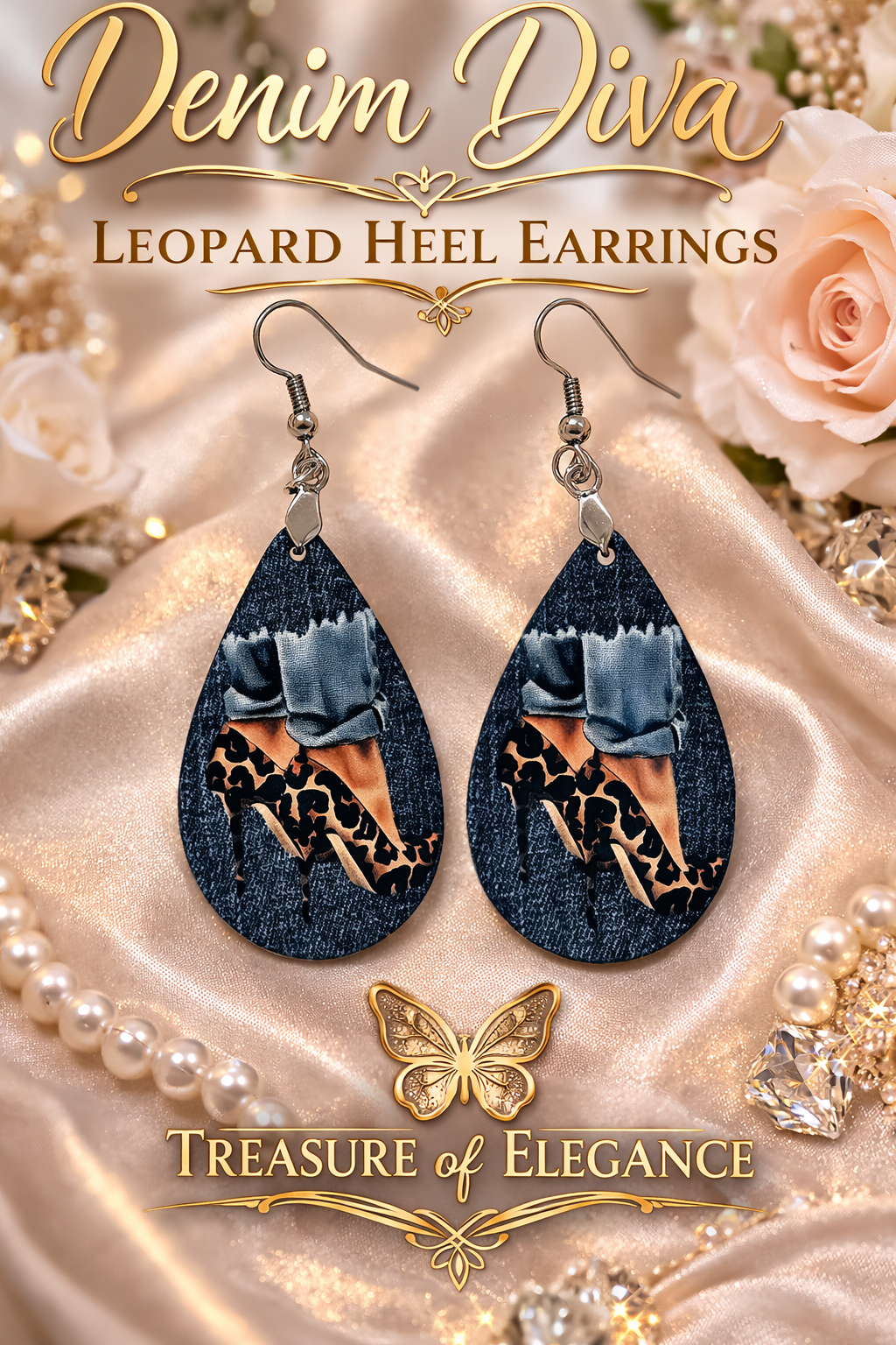 Denim Diva Leopard Heel Statement Earrings