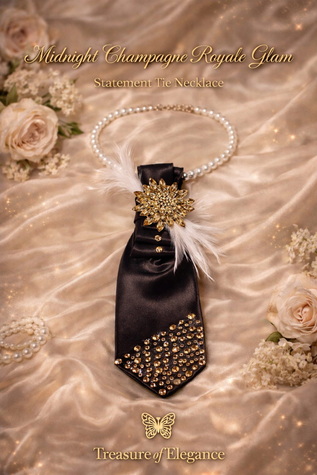 ✨ Midnight Champagne Royale Glam Statement Tie Necklace