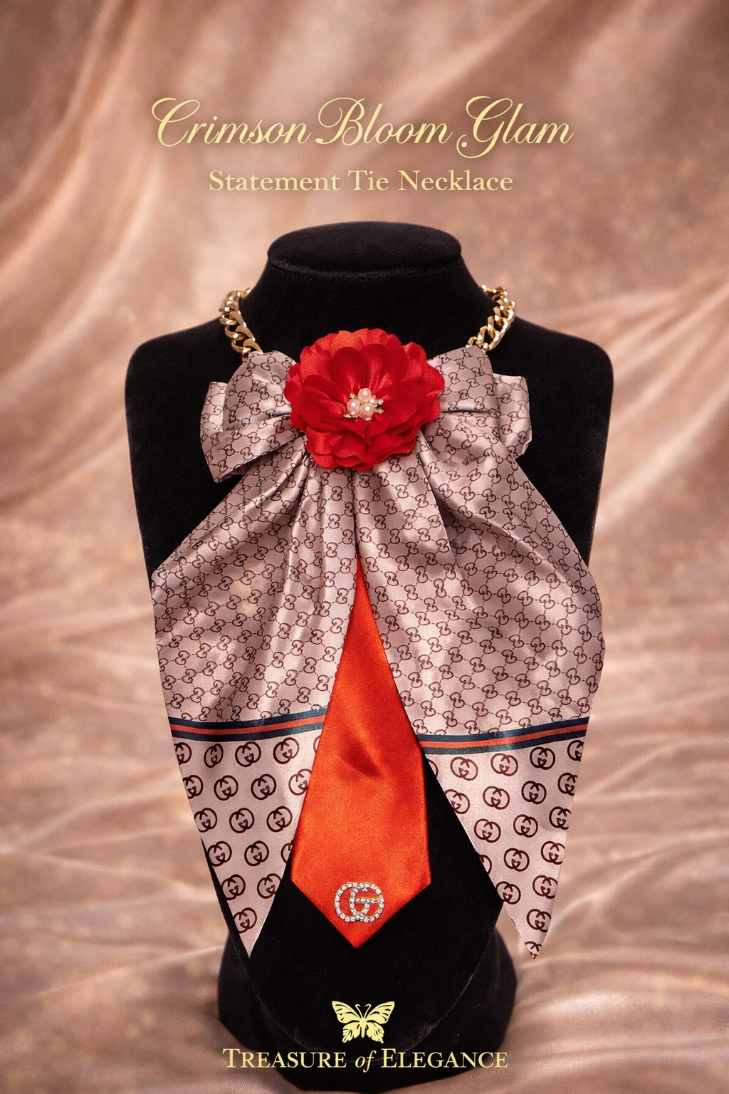 Crimson Bloom Glam Statement Tie Necklace