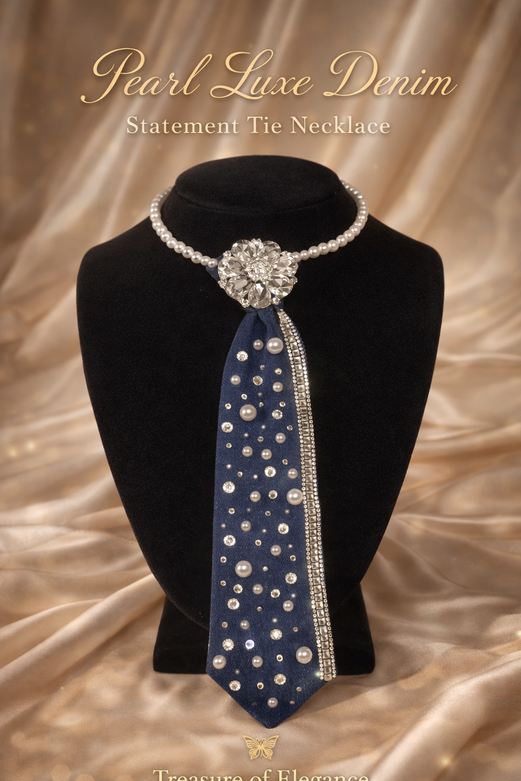 Pearl Luxe Denim Statement Tie Necklace
