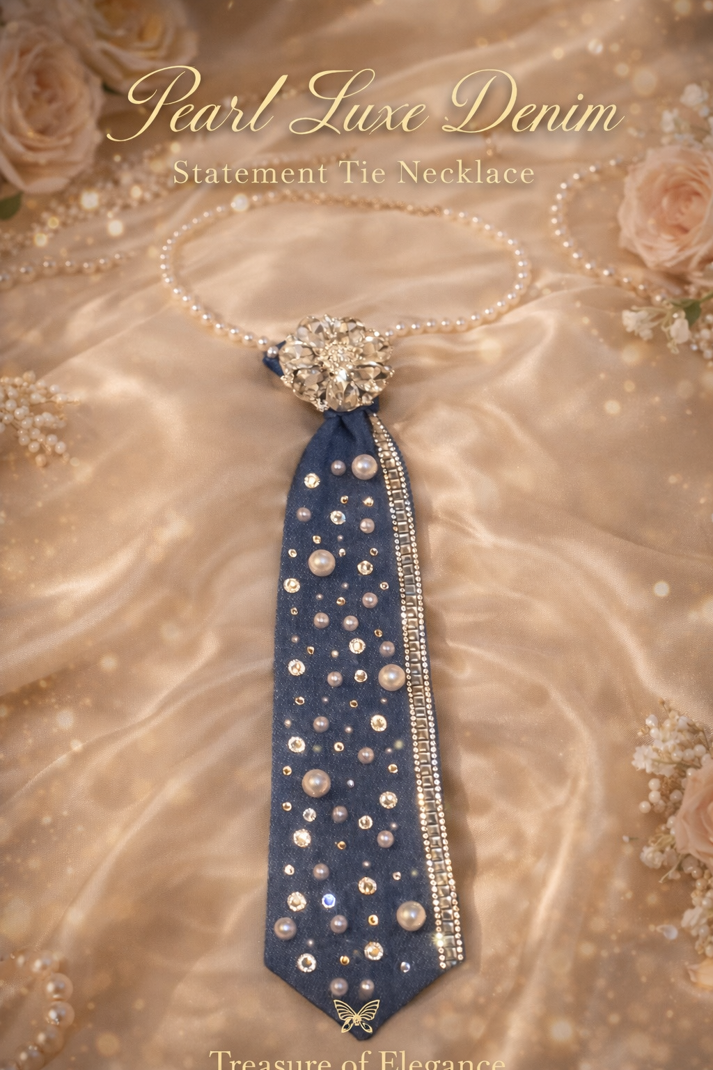 Pearl Luxe Denim Statement Tie Necklace