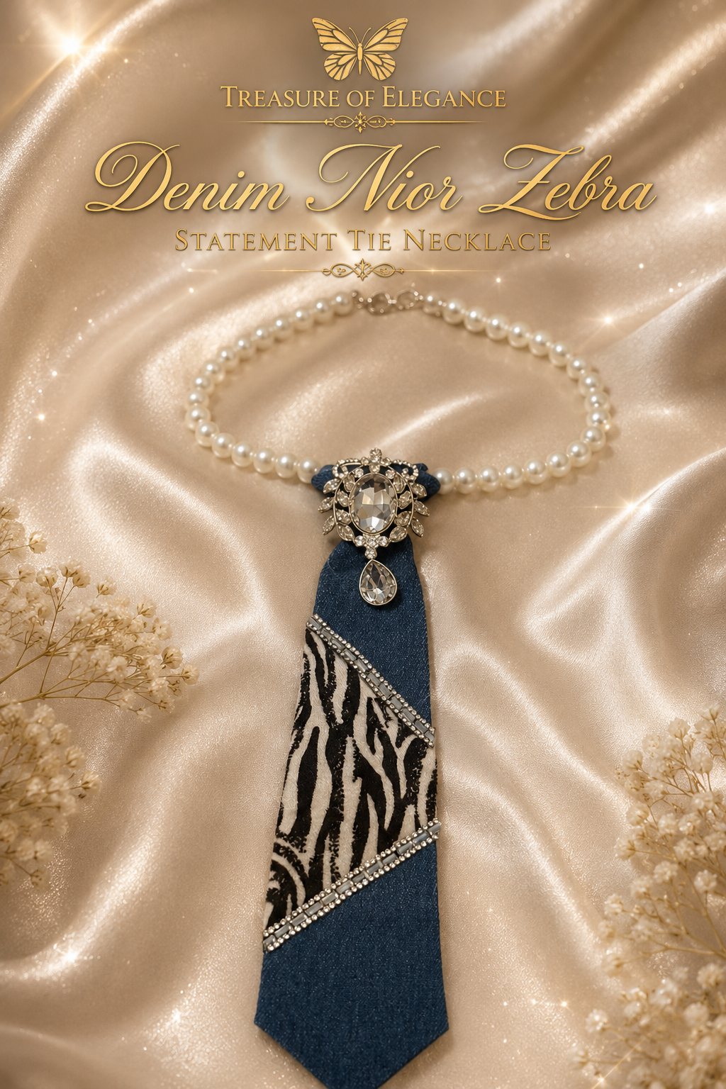 ✨ Denim Noir Zebra Statement Tie Necklace ✨