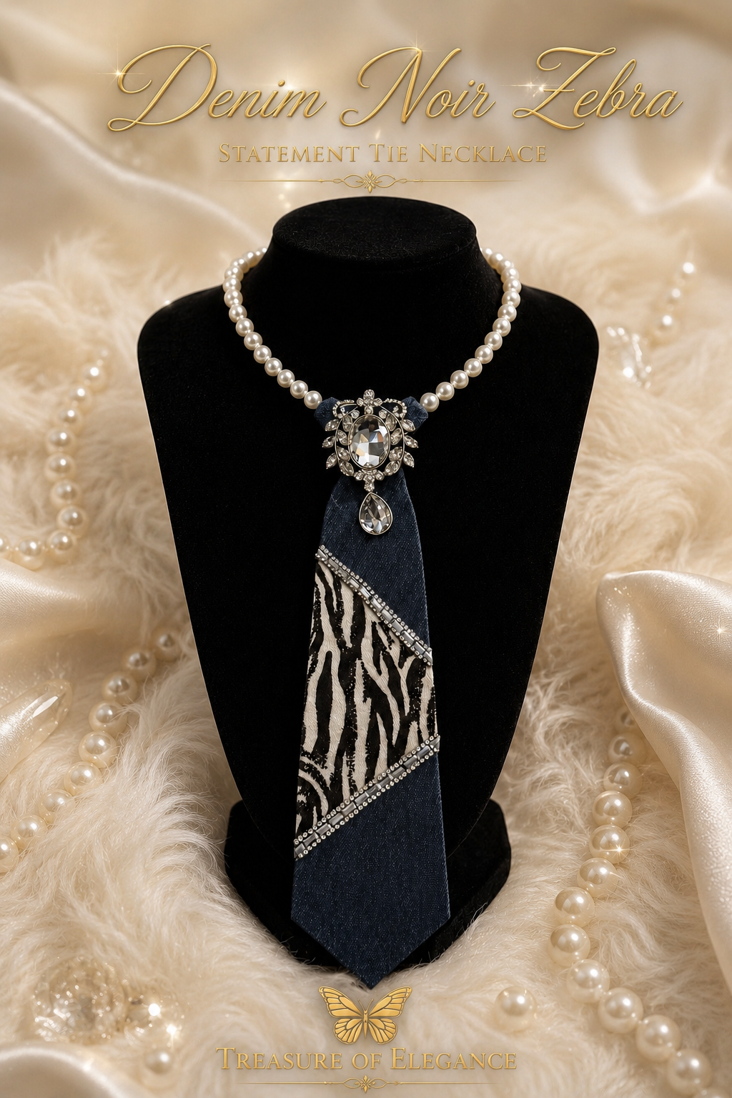 ✨ Denim Noir Zebra Statement Tie Necklace ✨
