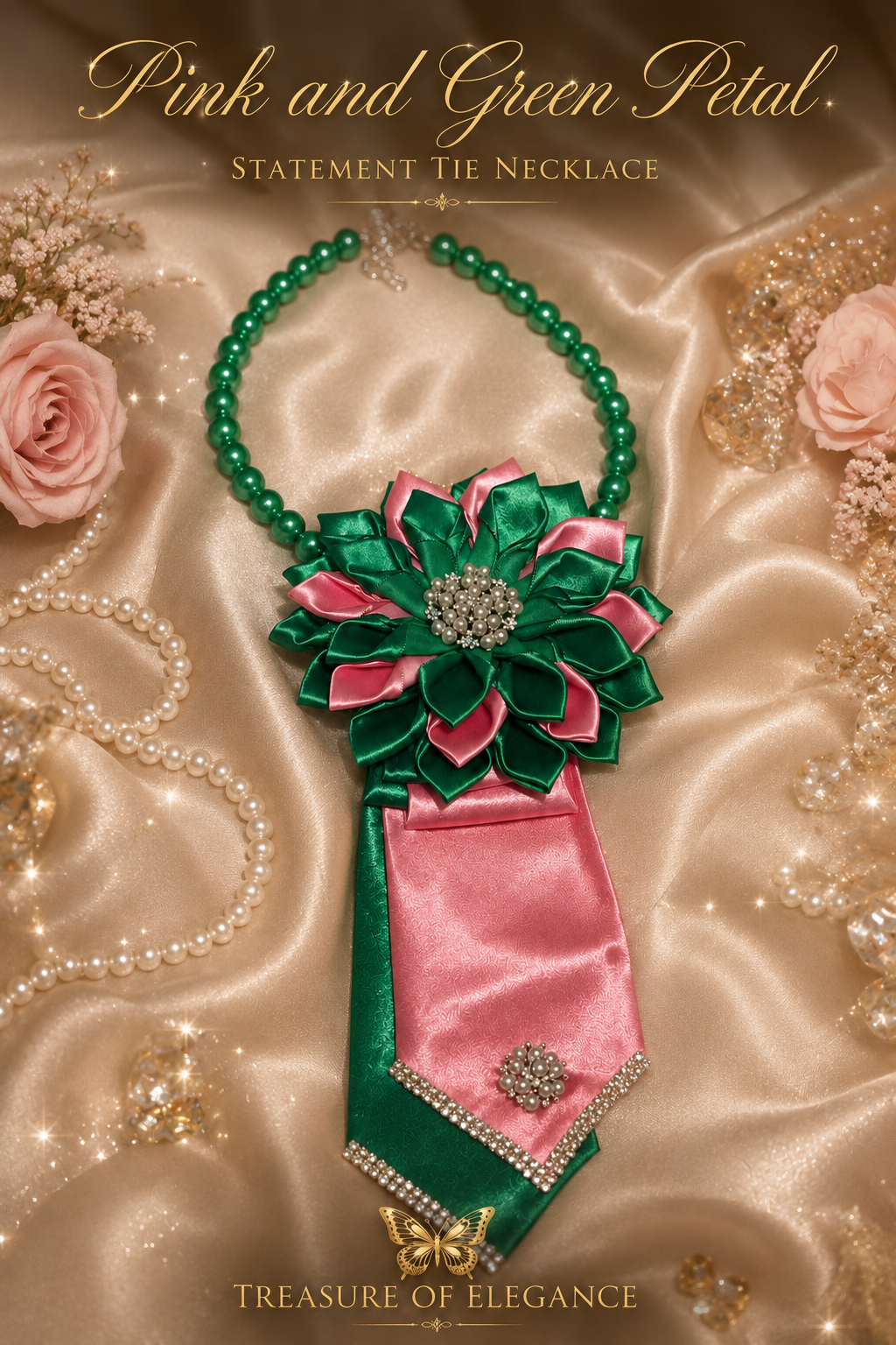 Pink and Green Petal Statement Tie Necklace