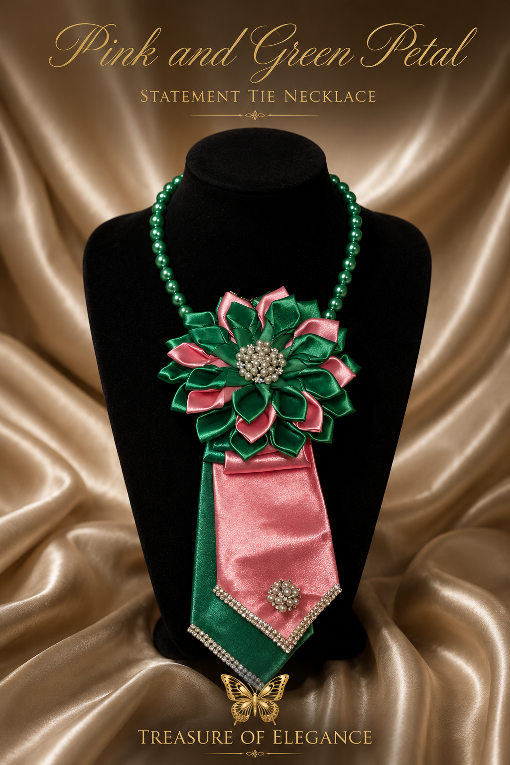 Pink and Green Petal Statement Tie Necklace