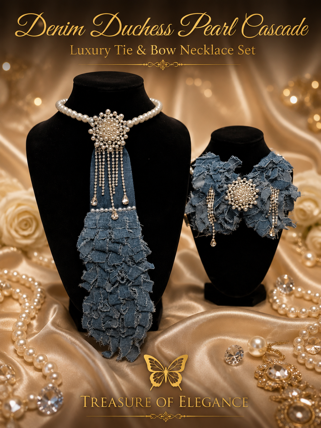 Denim Duchess Pearl Cascade Luxury Tie & Bow Necklace Set