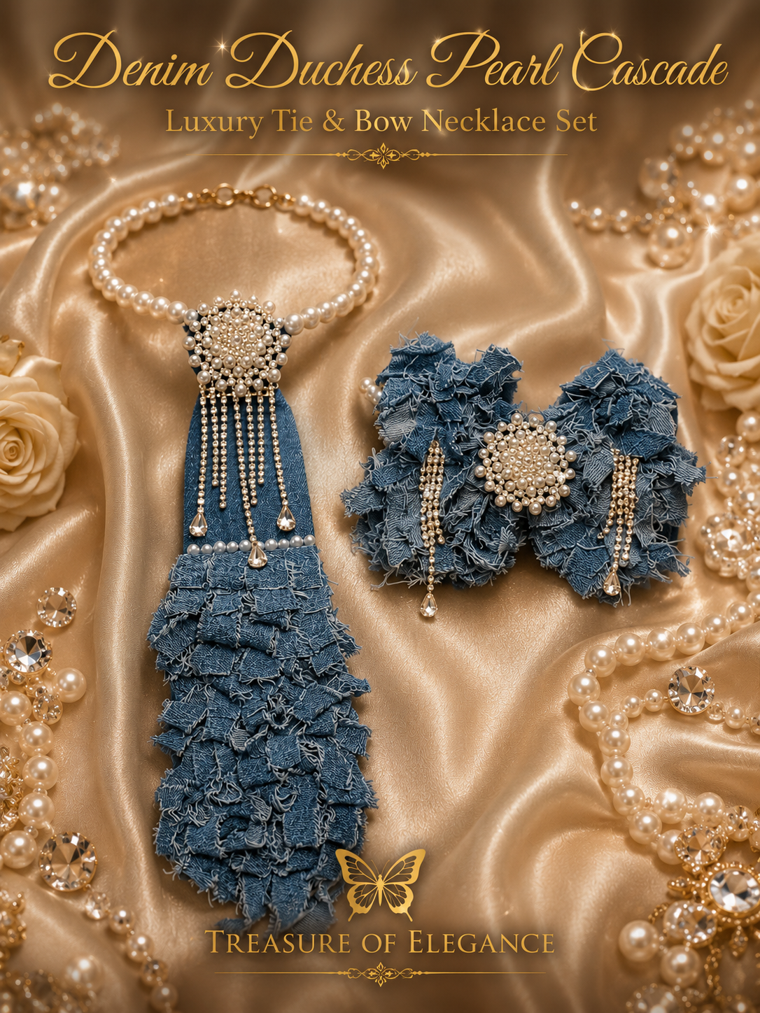Denim Duchess Pearl Cascade Luxury Tie & Bow Necklace Set
