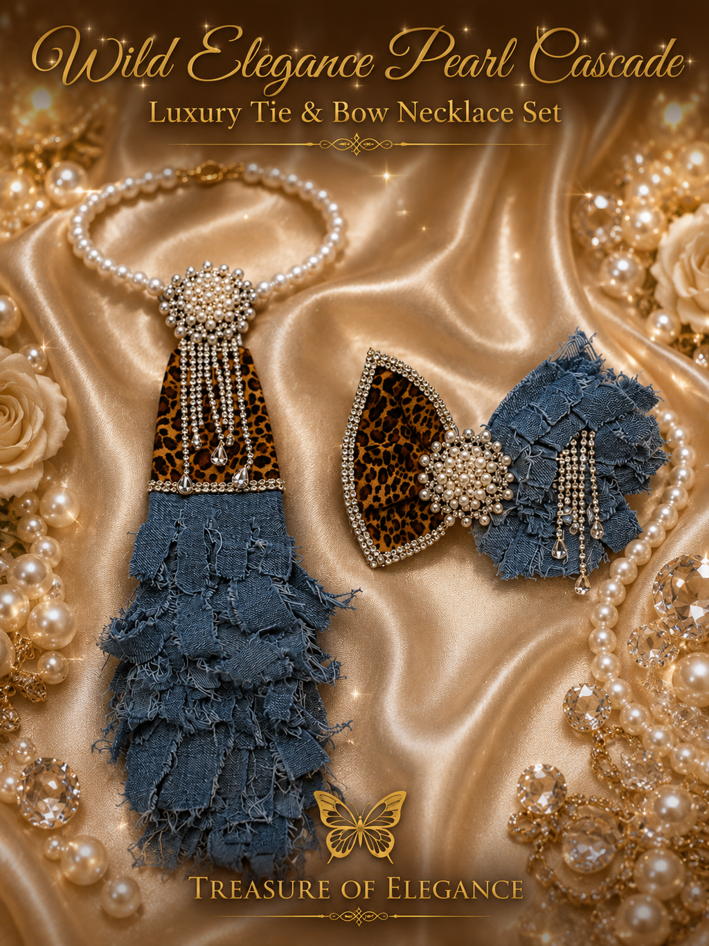 Wild Elegance Pearl Cascade Luxury Tie & Bow Necklace Set