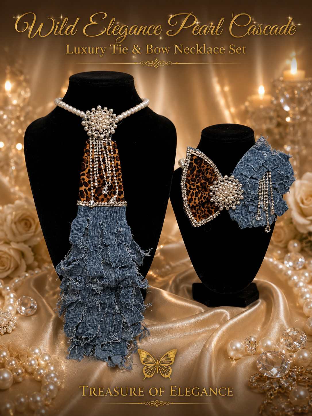 Wild Elegance Pearl Cascade Luxury Tie & Bow Necklace Set
