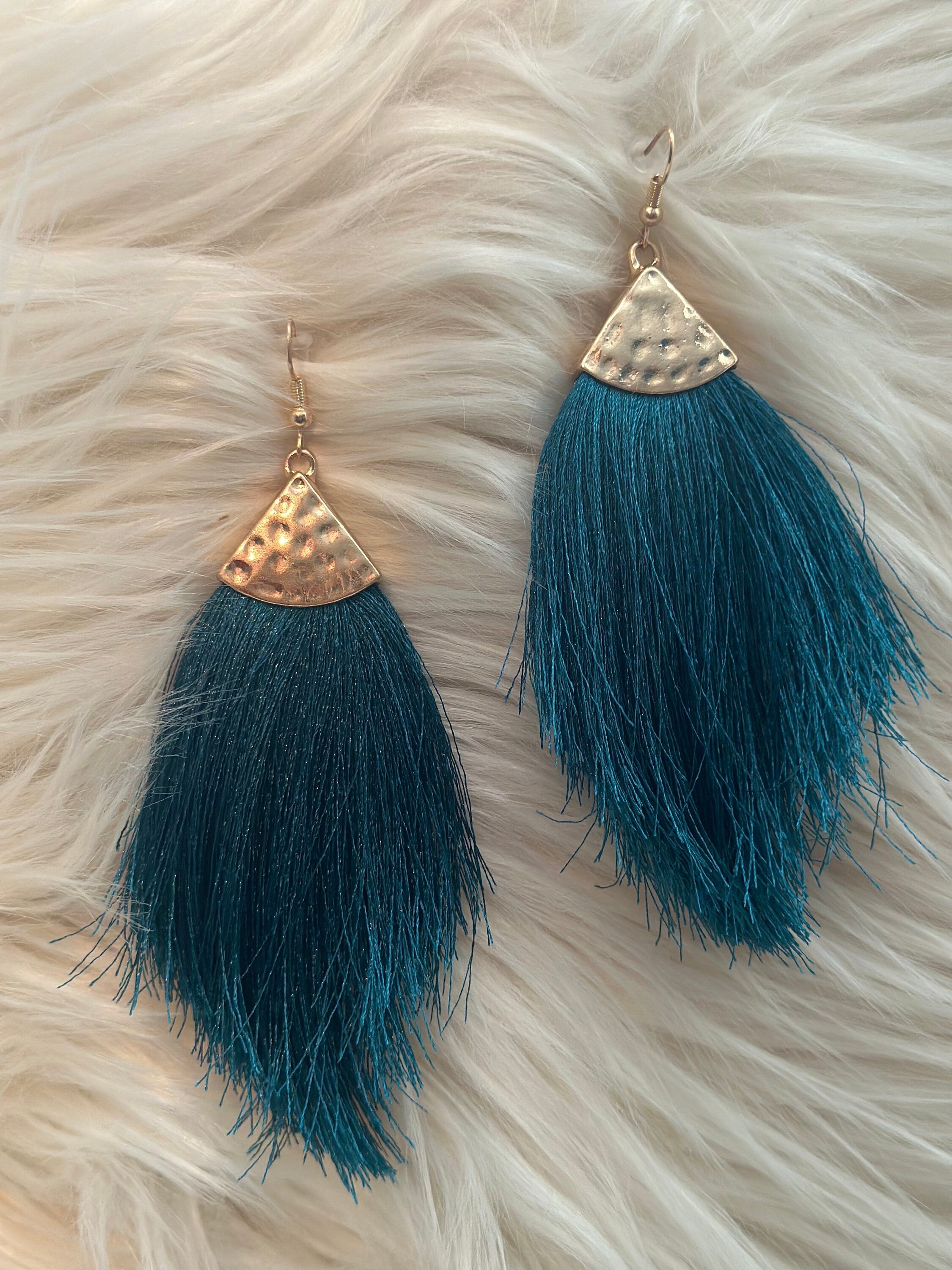 Teal Green Tassel Drop Earrings